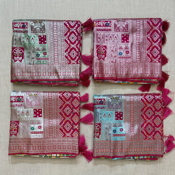Banarasi Art Silk Gifting Saree with Patchwork Zari Weave & Rani Pink Border in four colours