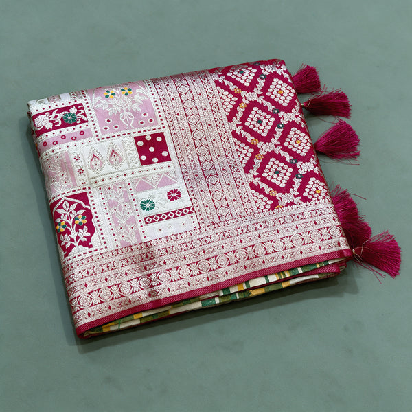 Banarasi Art Silk Gifting Saree with Patchwork Zari Weave & Rani Pink Border in white and rani pink, folded
