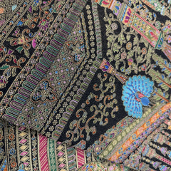 Black dola silk saree detail with floral and geometric motifs