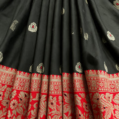 Black Banarasi Art Silk Saree with Zari Butis & Red Floral Border, close-up of the weave