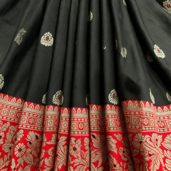 Black Banarasi Art Silk Saree with Zari Butis & Red Floral Border, close-up of the weave