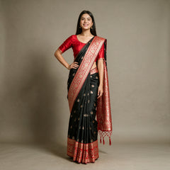 Black Banarasi Art Silk Saree with Zari Butis & Red Floral Border, worn by a model