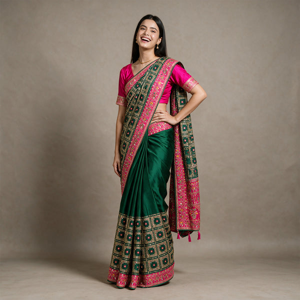 Bottle Green Gujarati Gharchola Silk Saree with Resham & Zari Work for Party Wear and Mother of the Bride