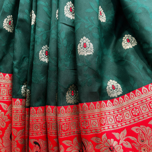 Bottle Green Banarasi Art Silk Saree with Zari Butis & Red Floral Border, close-up of the weave