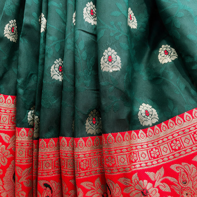 Bottle Green Banarasi Art Silk Saree with Zari Butis & Red Floral Border, close-up of the weave