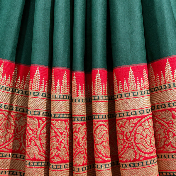 Bottle Green Banarasi Art Silk Saree with Red Temple Border, close-up of the weave