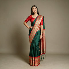 Bottle Green Banarasi Art Silk Saree with Red Temple Border, worn by a model