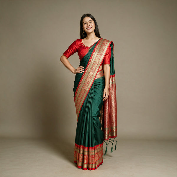 Bottle Green Banarasi Art Silk Saree with Red Temple Border, worn by a model