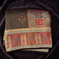 Brown dola silk printed saree with multicolor floral butas and border