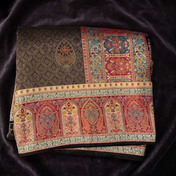 Brown Dola Silk Position Print Saree with Floral Butas & Kani Arch Border