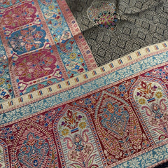 Multicolor paisley border with floral butas on brown dola silk