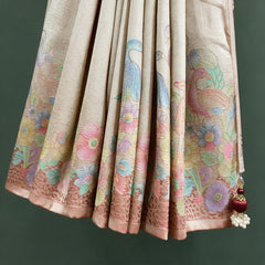Champagne Viscose Silk Position Print Saree with Pastel Floral & Bird Border, close-up of the print