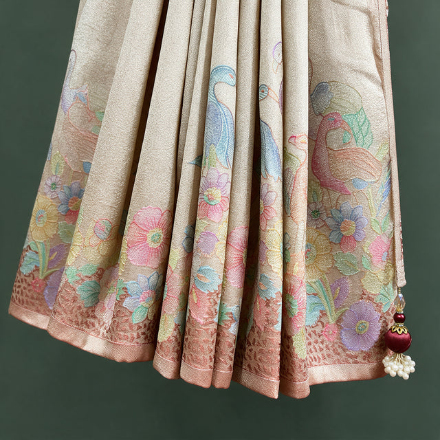 Champagne Viscose Silk Position Print Saree with Pastel Floral & Bird Border, close-up of the print