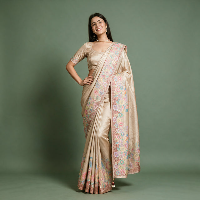 Champagne Viscose Silk Position Print Saree with Pastel Floral & Bird Border, worn by a model