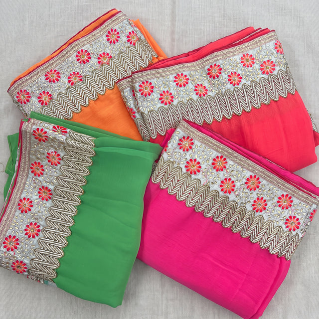 Chiffon sarees with floral embroidered zigzag border in four bright colours