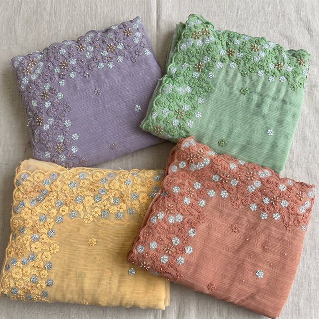 Chiffon sarees with sequin and thread embroidered scallop border in four colours