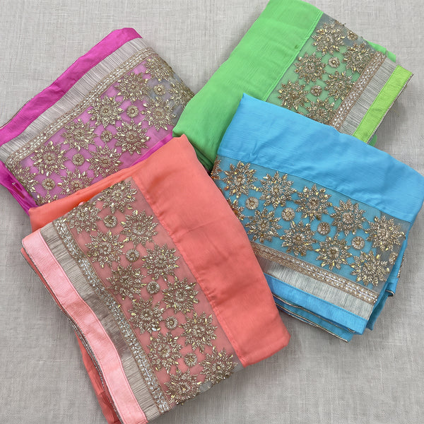 Chinon sarees with embroidered net border in four colours