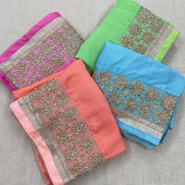 Chinon sarees with embroidered net border in four colours