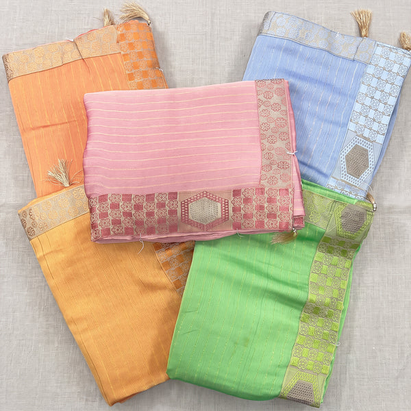 Chinon sarees with zari stripes and woven floral border in five colours