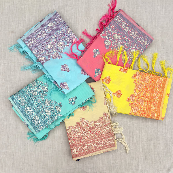 Cotton sarees with floral border and tassels in five colours