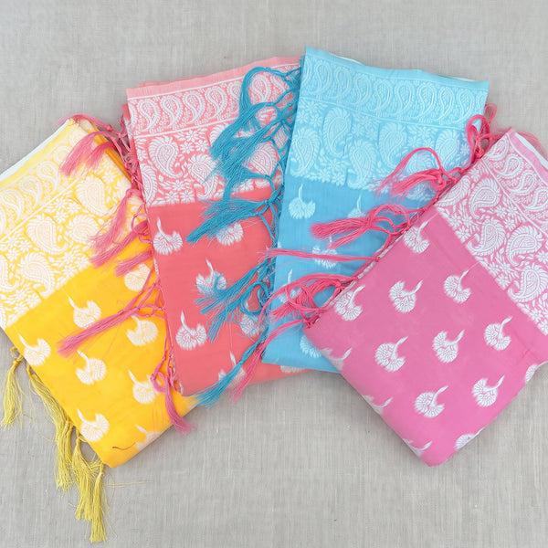 Cotton sarees with white paisley border and tassels in four colours