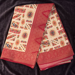 Cream position print saree in pure viscose, opened out to show the border and pallu