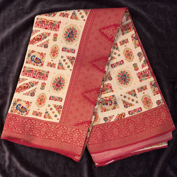 Cream, red, and zari-bordered patchwork silk saree with panel prints and ornate border