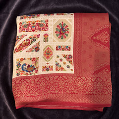 Cream position print saree in pure viscose, folded view