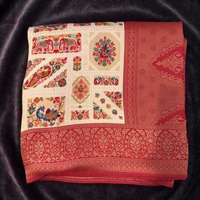 Cream position print saree in pure viscose, folded view