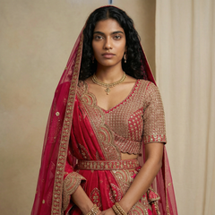 Rani pink bridal blouse and flared skirt with gold embroidery and draped dupatta
