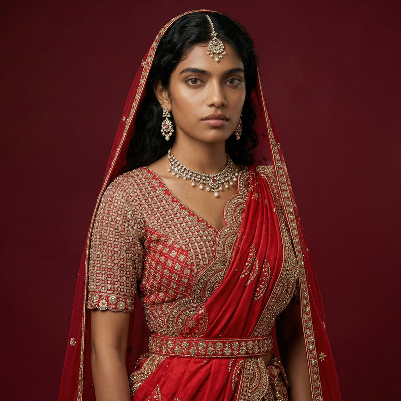 Red lehenga with short sleeves, gold patterned bodice, and draped red dupatta