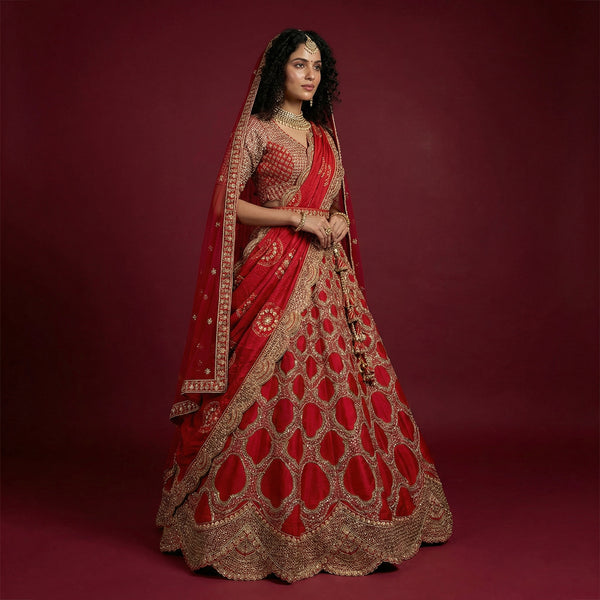 Royal red bridal lehenga with gold embroidery, flared skirt, and double dupatta