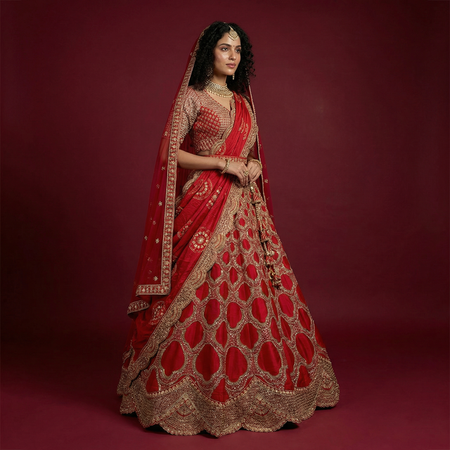 Sangria red flared bridal lehenga with gold border dupatta