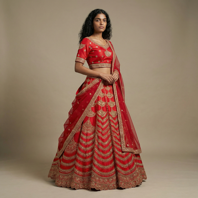 Red bridal lehenga with gold embroidered yoke, flared skirt, and dupatta