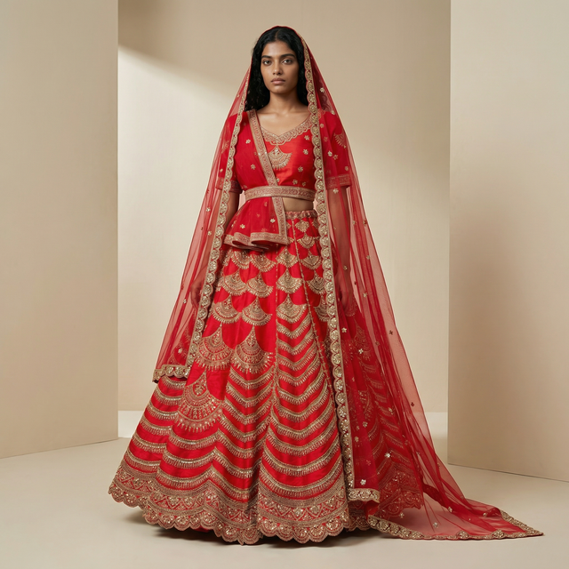 Red bridal lehenga set with wide gold border, tiered flared skirt, and long dupatta