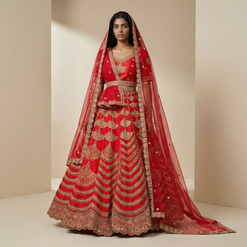 Red bridal lehenga with scalloped gold embroidery and double sheer dupatta