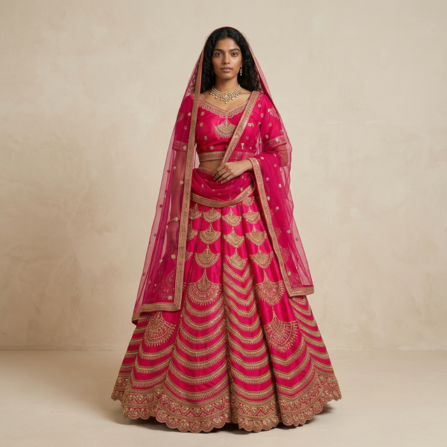 Pink bridal lehenga with gold trim, flared scalloped skirt and dupatta