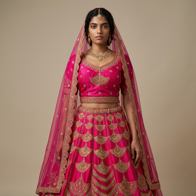 Pink bridal lehenga with gold embroidered blouse, layered skirt and dupatta