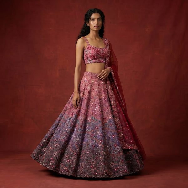 Pink-purple ombre sequin lehenga with sleeveless cropped blouse and flared skirt