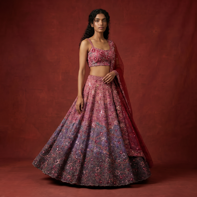 Pink-to-purple sequin lehenga with square-neck blouse and flared embroidered skirt