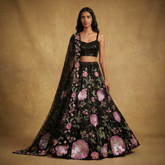 Black sequin floral embroidered cocktail lehenga with pink motifs and sheer dupatta