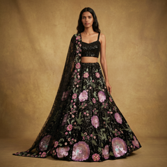 Phulkari: Black Sequin Cutdana Floral Embroidery Cocktail Lehenga