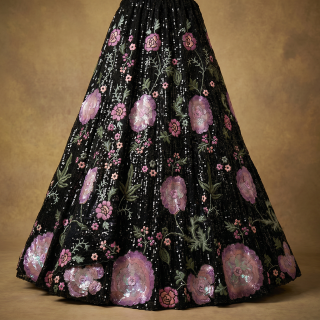 Black lehenga skirt with sequin and cutdana floral motifs in pink, full flare