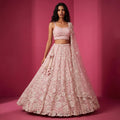 Blush pink net bridal lehenga with white cutdana embroidery, sleeveless blouse and flared skirt