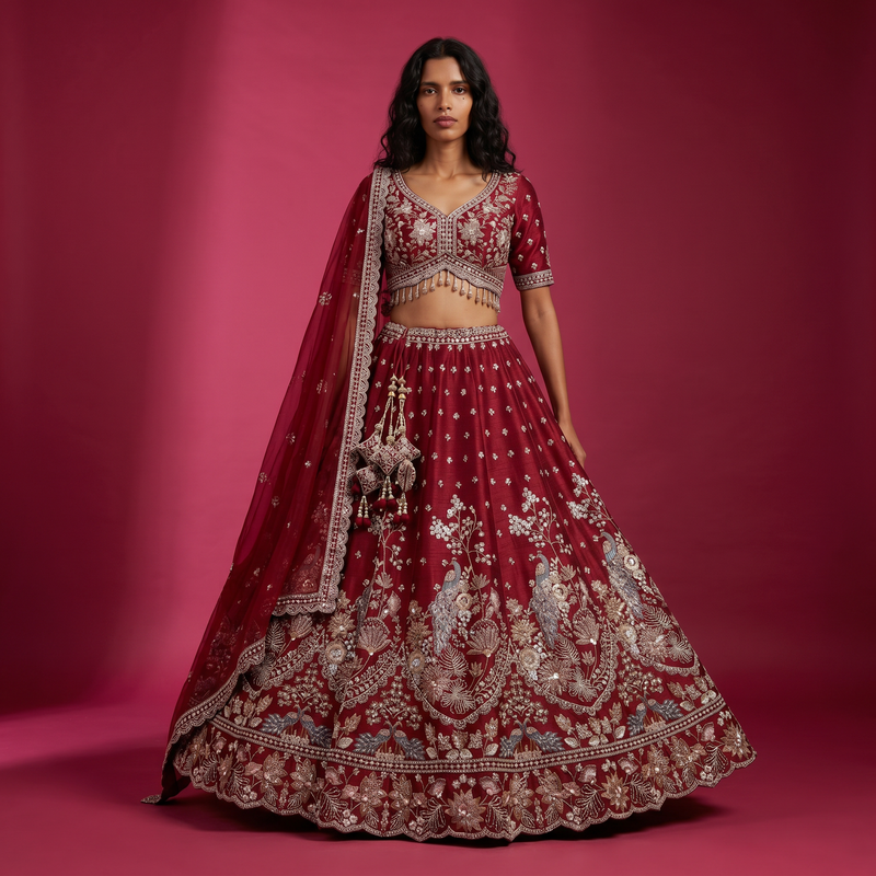 Royal Baggi: Maroon Raw Silk Bead Work Peacock Motif Bridal Lehenga