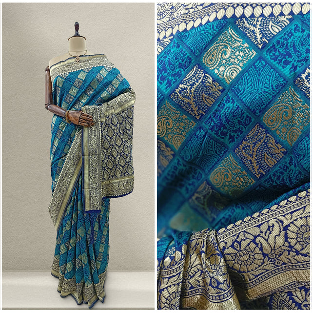 Blue silk saree with bandhej weave, ornate border, and patterned pallu