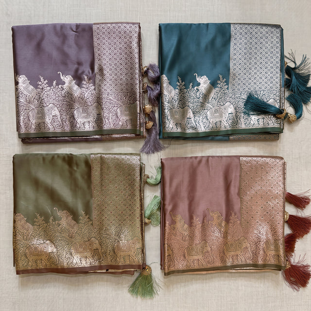 Satin Gifting Saree with Zari Elephant Border in four colours