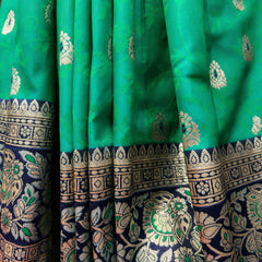 Emerald Green Banarasi Art Silk Saree with Zari Butis & Navy Blue Floral Border, close-up of the weave