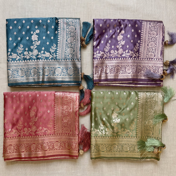 Satin Gifting Saree with Zari Floral Vine Border in four colours