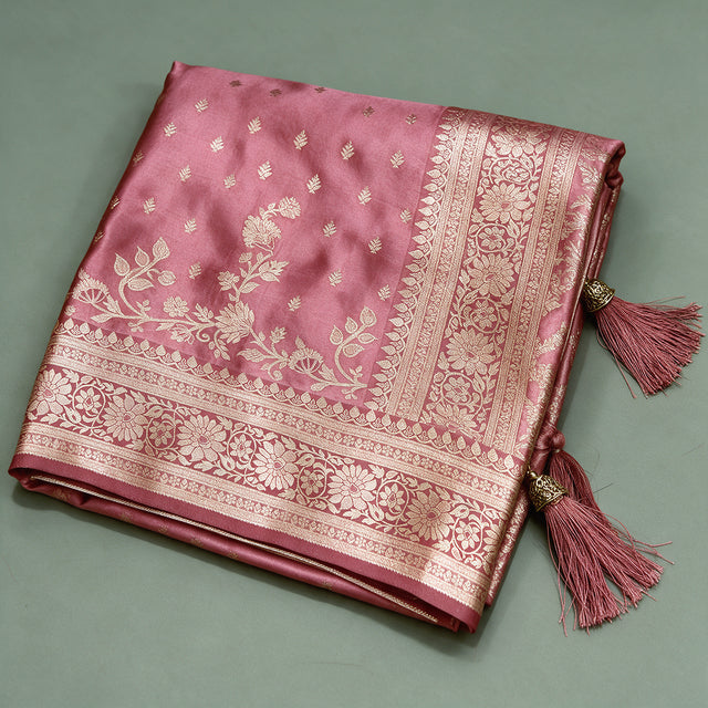 Satin Gifting Saree with Zari Floral Vine Border in rose pink, folded